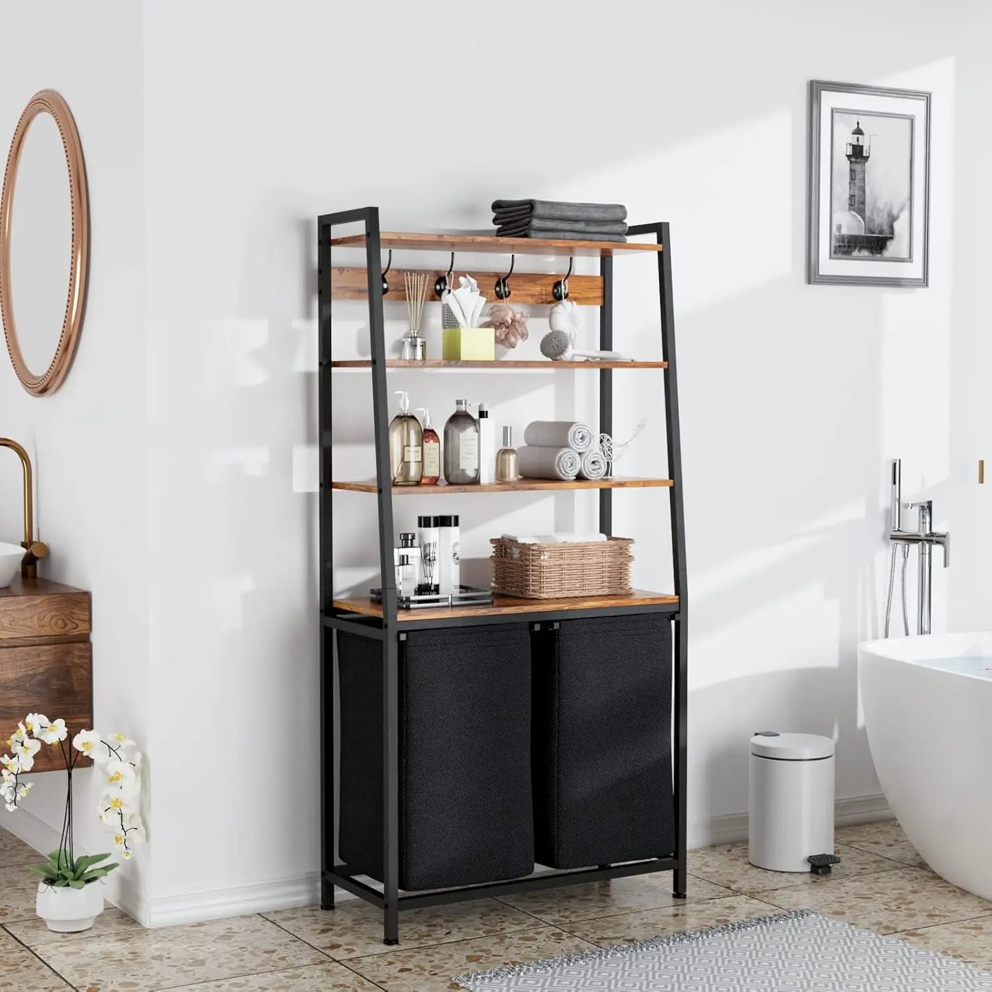 4-Tier Tall Laundry Hamper Sorter - 2 Removable Bags, Shelf & Hooks, Double Organizer for Bathroom & Bedroom