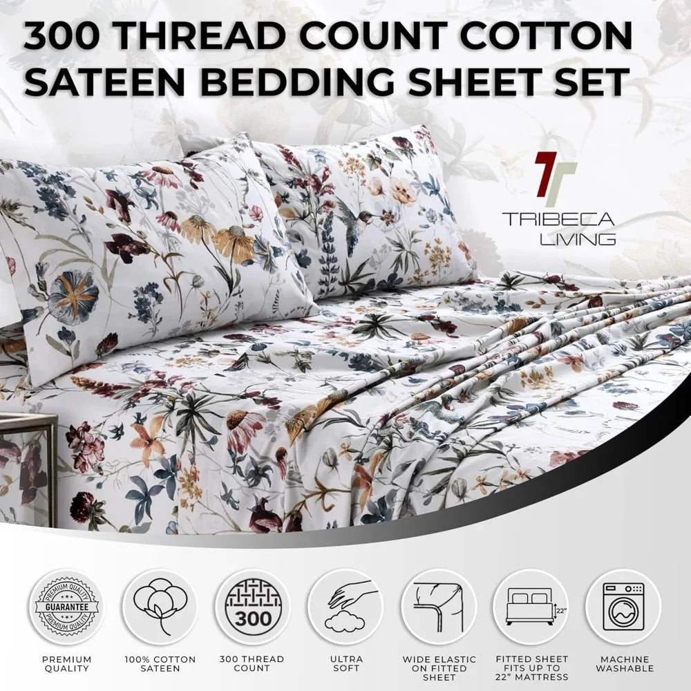 Tribeca Living Queen Bed Sheet Set, 300 Thread Count Soft Cotton Sateen, Floral Print with Extra Deep Pockets, 4-Piece Bedding S