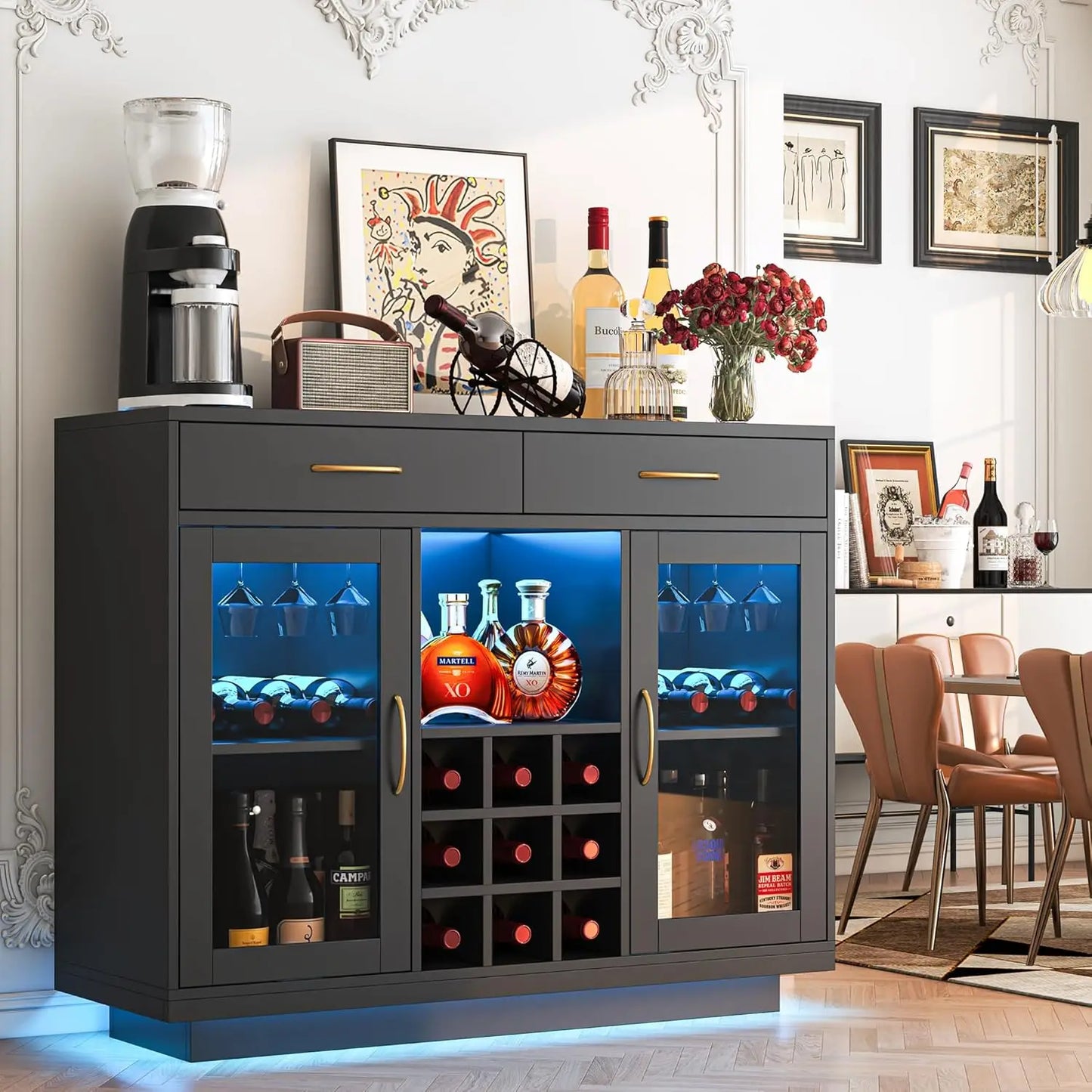LED Wine Bar Cabinet with Glass Rack, Black Kitchen Buffet Sideboard for Living Room Storage