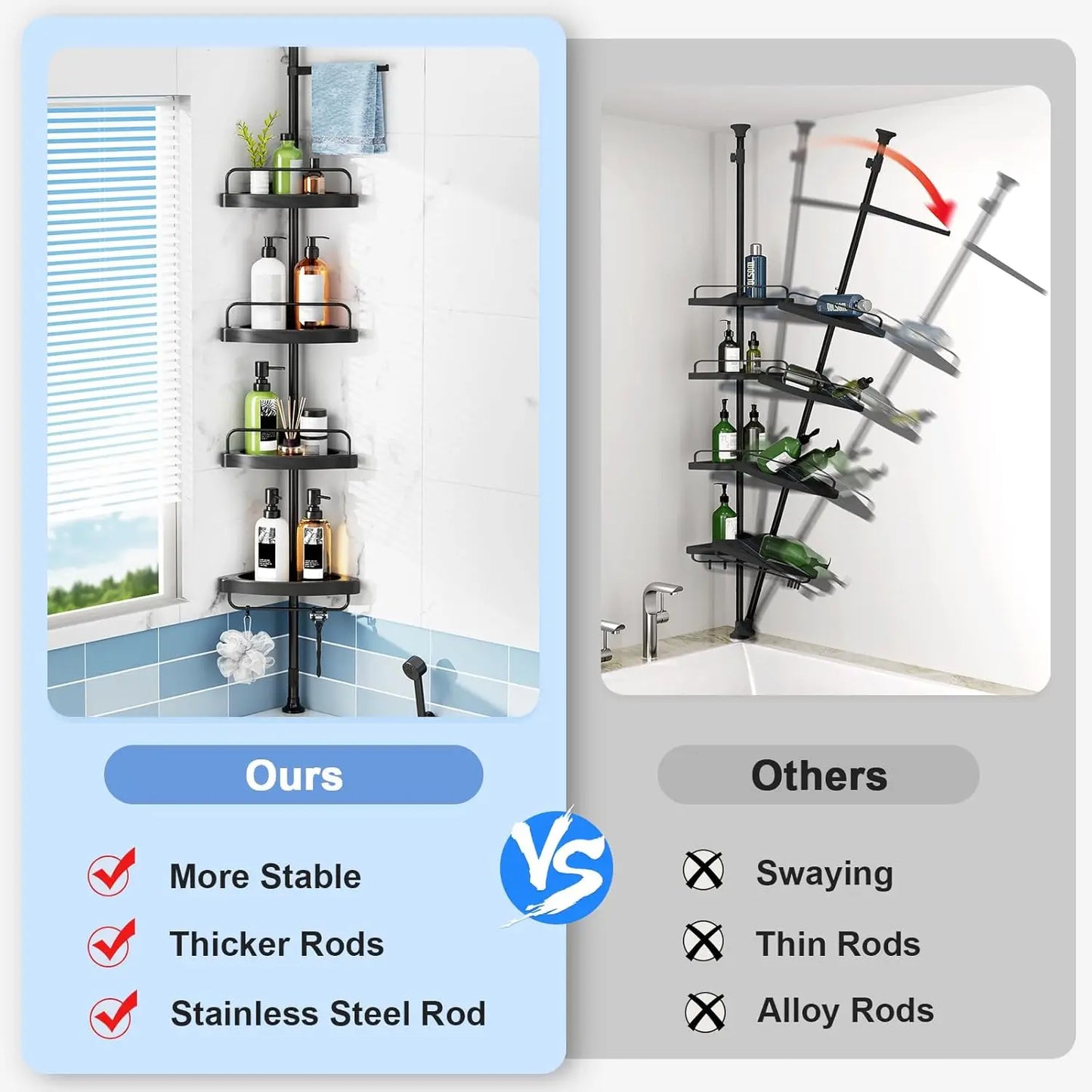 4-Tier Corner Shower Caddy with Telescoping Pole: Adjustable Bathroom Storage Organizer for Shampoo and Accessories