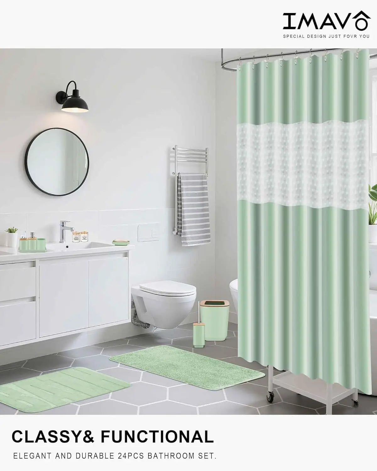 24-Piece Green Bathroom Set with Shower Curtain & Trash Can, Space-Saving Décor for Home, Dorm, Hotel