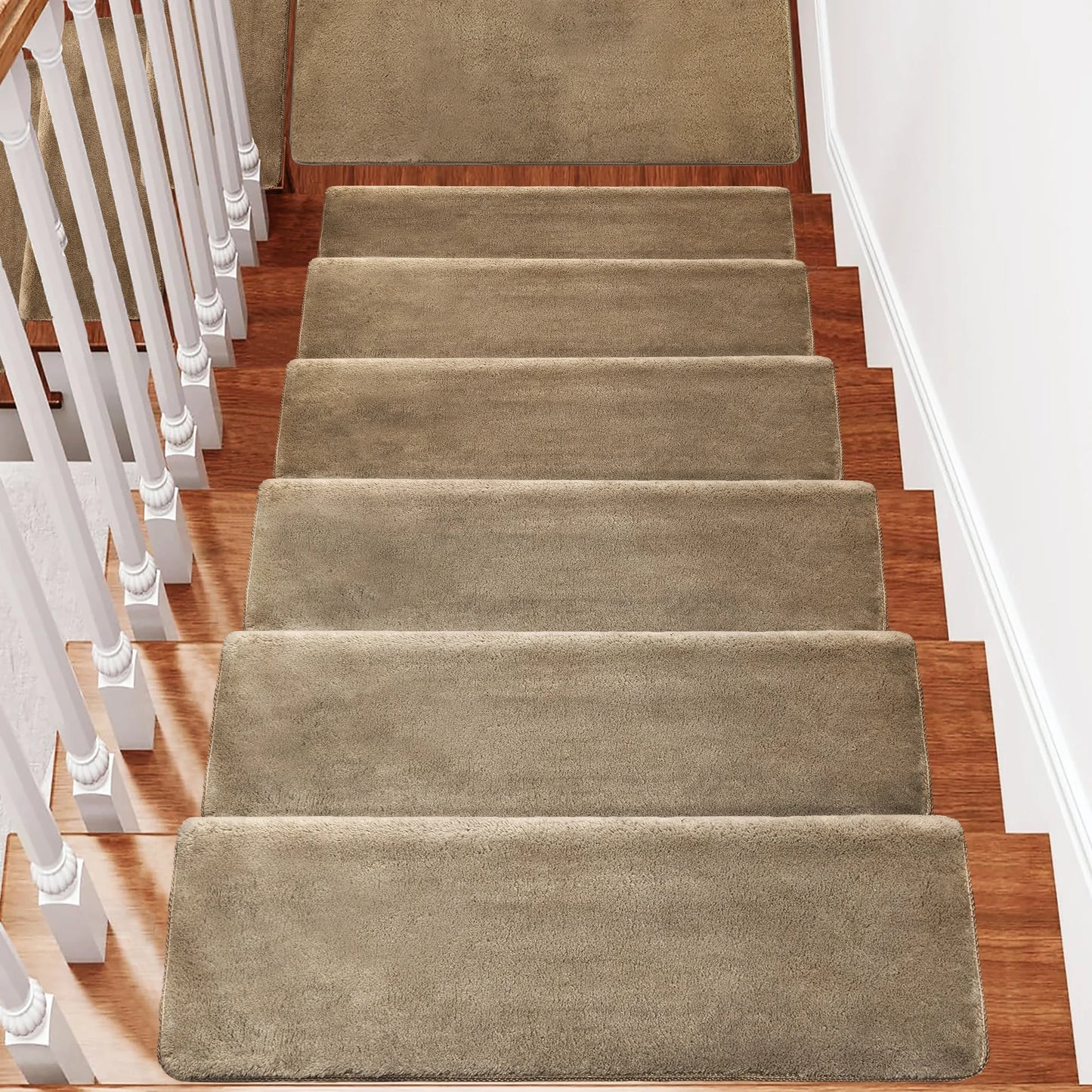 Bullnose Non-Slip Stair Treads -Ultra Plush- Washable Self-Adhesive Carpet Mats, Safety for Elderly & Pets, Peel & Stick Decor