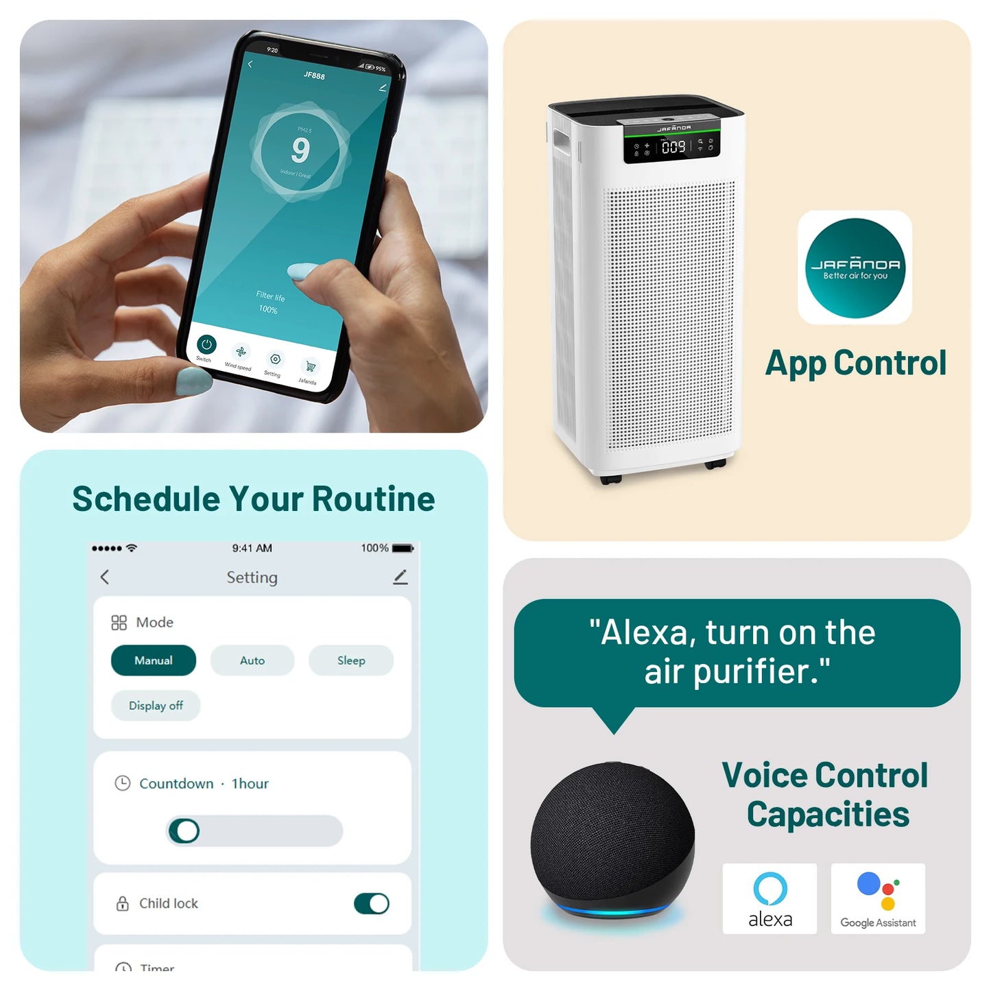 Jafända Air Purifier for Home Large Room 3800 ft², APP & Alexa, Ture HEPA Activated Carbon Air Filter, Smart HEPA Air Purifiers
