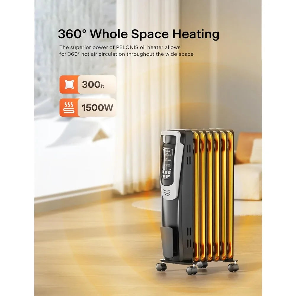 Quiet Oil Filled Radiator Heater with Remote, Thermostat & LED Display, Overheat Protection for Large Rooms