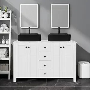 48" White Bathroom Vanity with Marble Texture Top and 4 Drawers, Modern Standing Pedestal Cabinet with Two Boat Silver Glass Ves