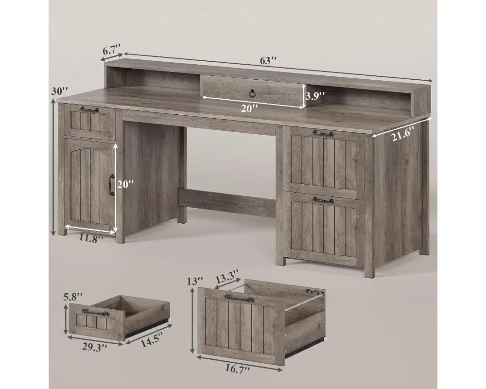 Grey 63" Farmhouse Wood Desk with Drawers, Storage Cabinet & Monitor Stand
