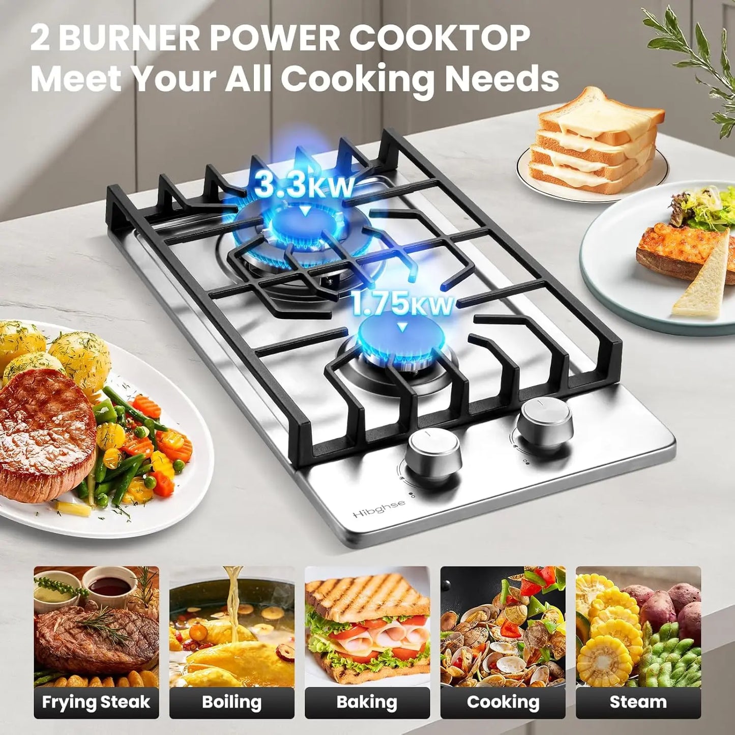 2 Burner Propane Stove, 12 Inch Gas Cooktop Built-in Gas Stove NG/LPG Convertible Stainless Steel Stove Burner with