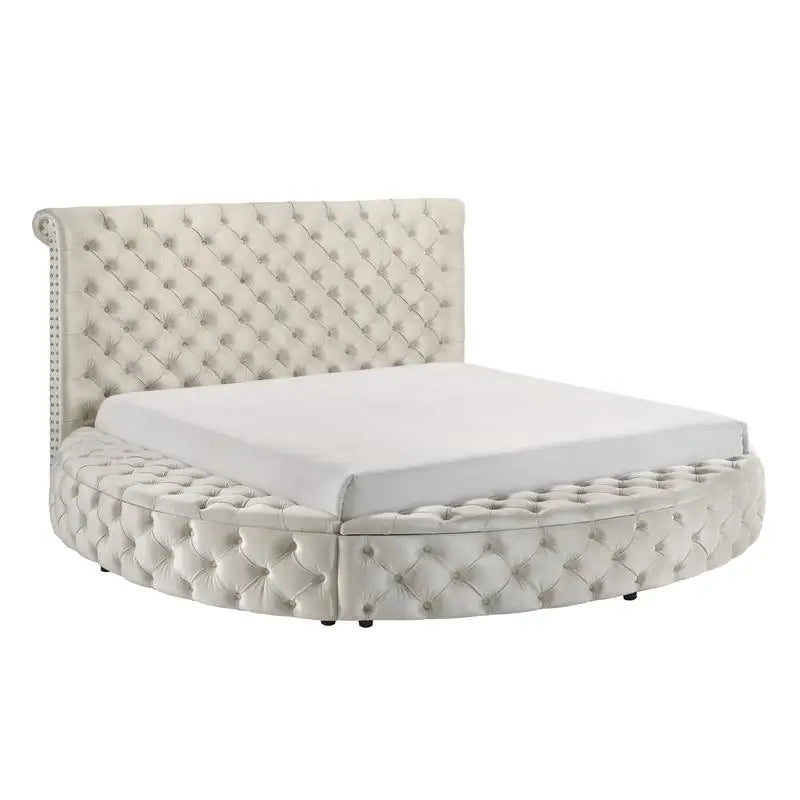 Queen Size Ivory Velvet Button-Tufted Storage Bed Set with 2 Nightstands - Wooden Bedroom Furniture 3pc Set