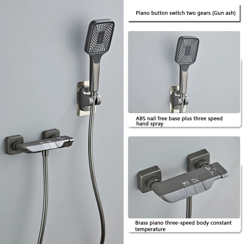 Modern Shower System Full Set Grey 2 Way Piano Keys Bathroom Shower Set Wall Mounted Brass Bathtub Digital Display Shower Faucet