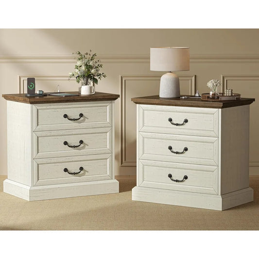 Nightstand With Charging Station 3 Drawer Set With Storage