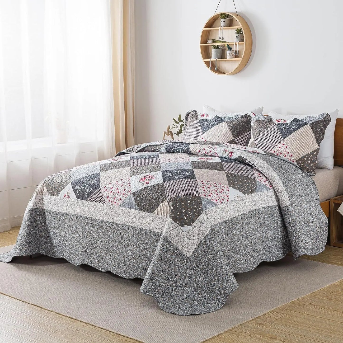 Oversized King Quilt Set 120x120-3 Pcs, All-Season Lightweight Bed Cover, Grey Reversible Design