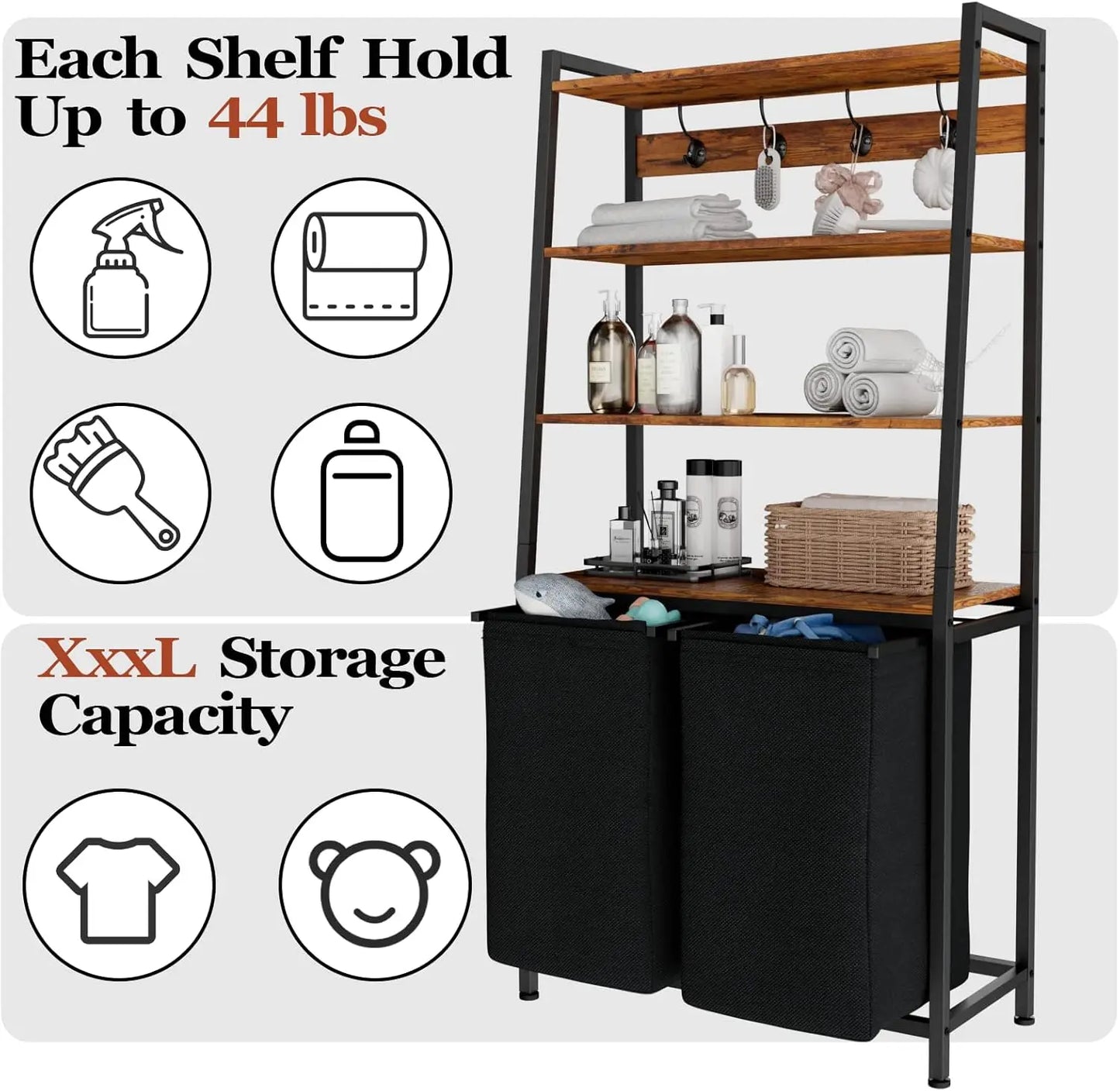 4-Tier Tall Laundry Hamper Sorter - 2 Removable Bags, Shelf & Hooks, Double Organizer for Bathroom & Bedroom