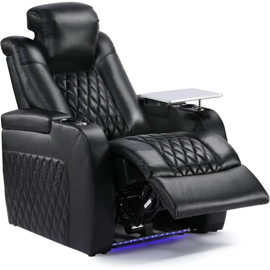 Home Theater Seating Top Grain Leather Recliner Chair,with Tray Table Type-C USB Charge Cup Holders Row of 1 Black