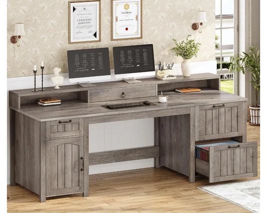 Grey 63" Farmhouse Wood Desk with Drawers, Storage Cabinet & Monitor Stand