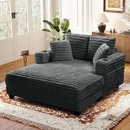 60" Chaise Lounge Chair Indoor, Oversized Comfy Sofa Bed with Pillows & Armrests, Fluffy Plush Faux Fur Sleeper Couch Lazy Chair