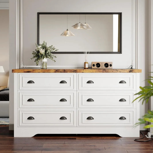 59 6 Drawers Dresser for Bedroom, Power Strip, Farmhouse Large Wood Dressers & Chest of Drawers with Wide Storage Cabine