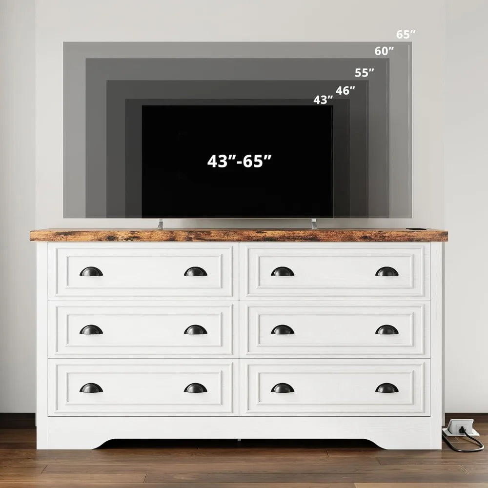 59 6 Drawers Dresser for Bedroom, Power Strip, Farmhouse Large Wood Dressers & Chest of Drawers with Wide Storage Cabine