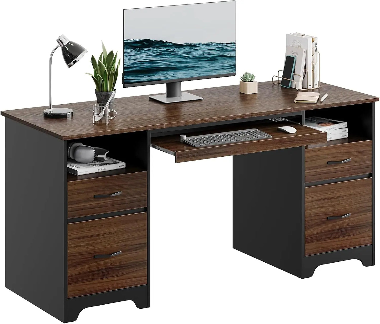 Computer Desk with 4 Drawers, Office Desk with Storage, Industrial Executive Desk with File Drawer, Keyboard Tray & 2 Pedestals