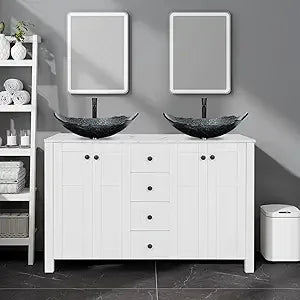 48" White Bathroom Vanity with Marble Texture Top and 4 Drawers, Modern Standing Pedestal Cabinet with Two Boat Silver Glass Ves