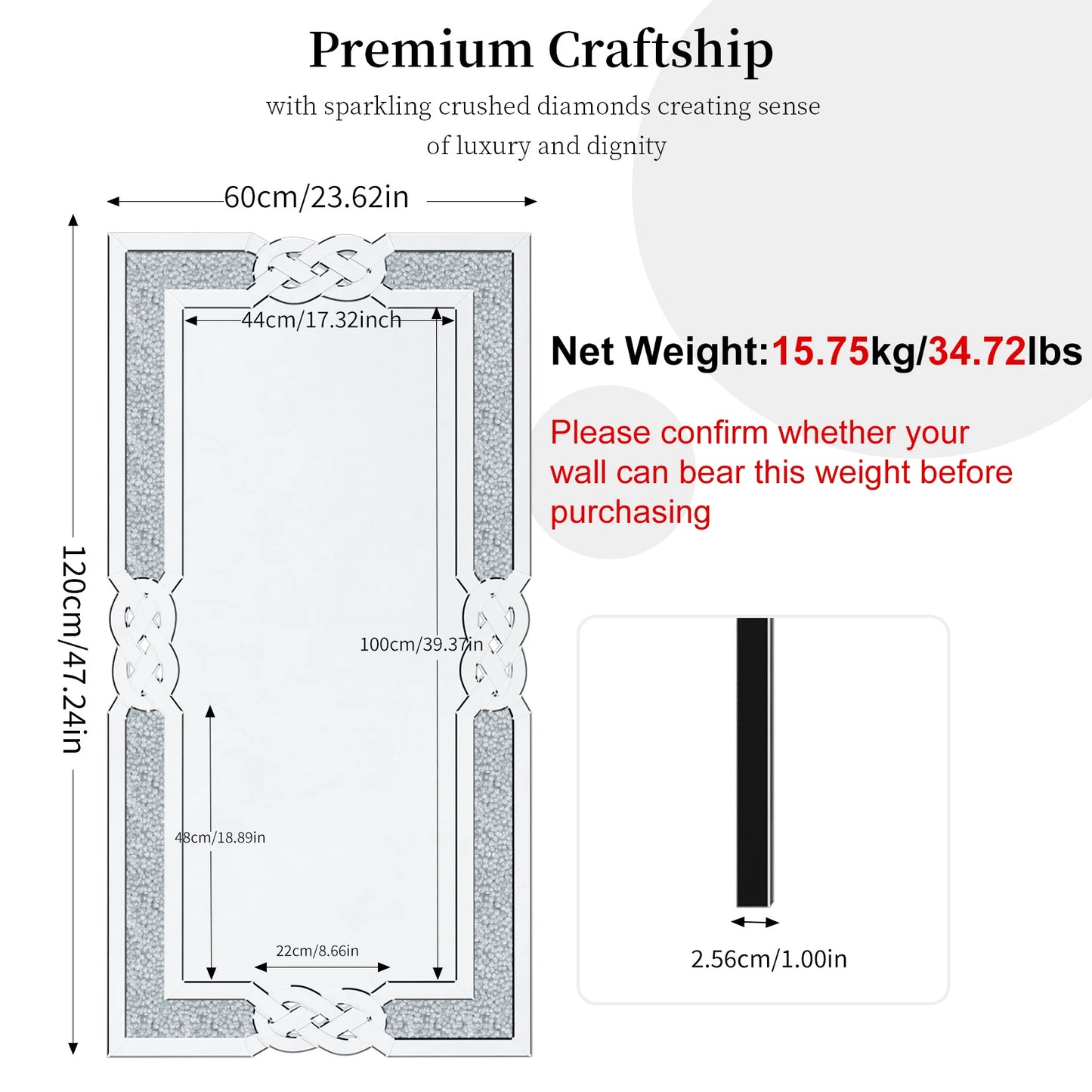 Hign-Concerned Sparkling Rectangle Wall Mirror Home Decor