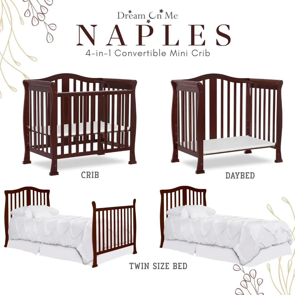 4-in-1 Convertible Mini Crib with Mattress Pad, Pinewood Baby Bed, Non-Toxic Finish, Espresso