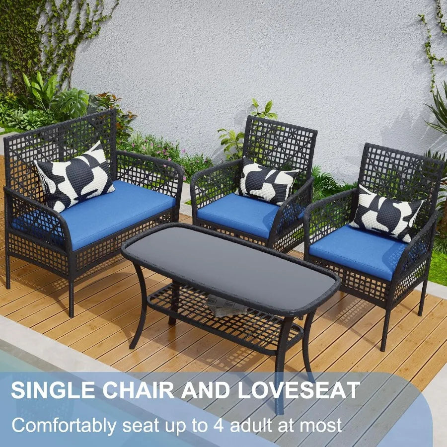4 Pieces Outdoor Patio Furniture Set PE Rattan Chairs Wicker Furniture with Coffee Glass Table and Soft Cushions Outdoor Seatin