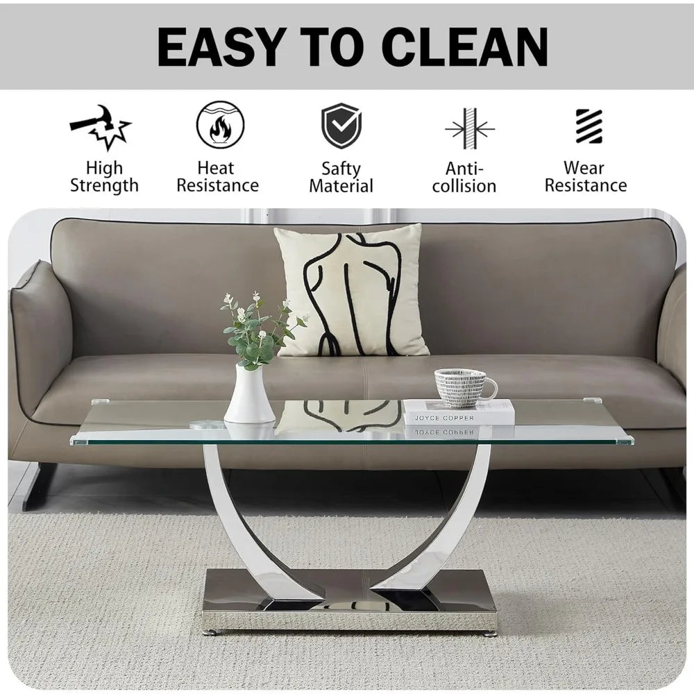 47" Clear Glass Coffee Table, Modern Silver Mirror Coffee Table with U-Shape Stainless Steel Legs, Tea Table, Luxury Rectangle C