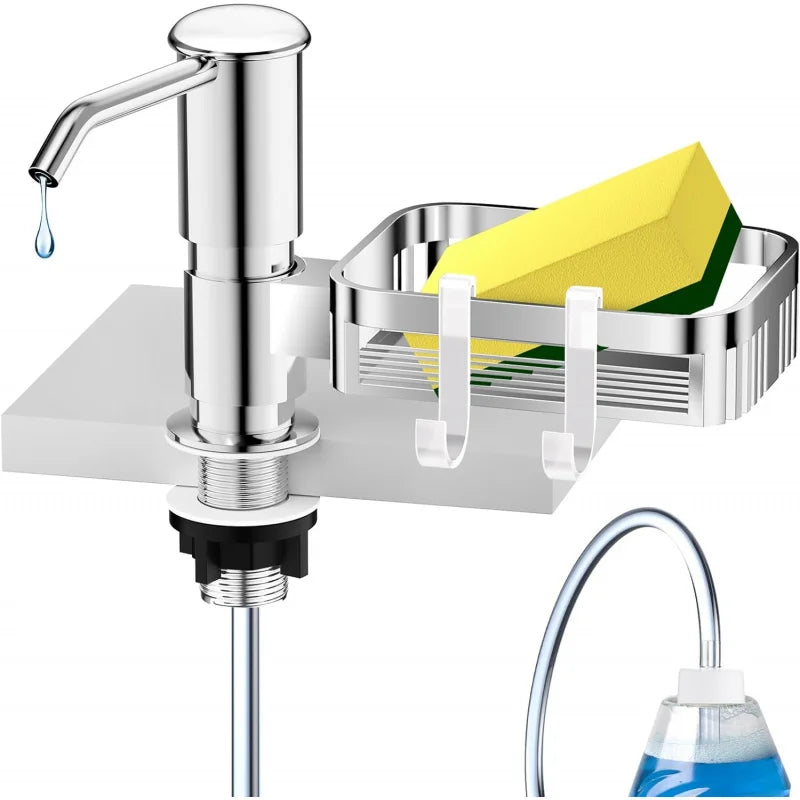 Under Counter Sink Soap Dispenser Pump with 39 Extension Tube Kit, Built in ABS Kitchen Dish Soap Dispensers with Sponge Holder