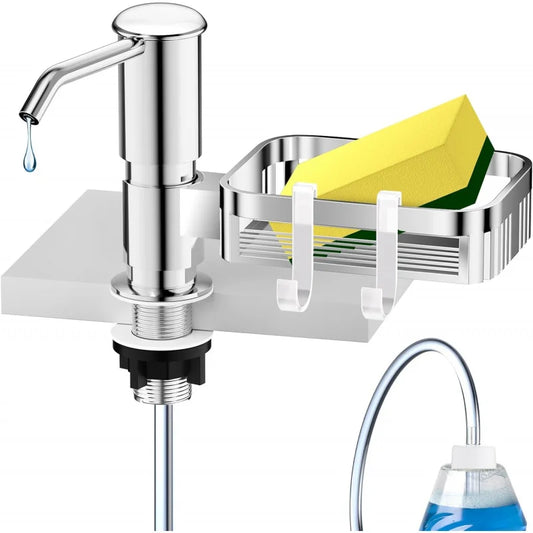 Under Counter Sink Soap Dispenser Pump with 39 Extension Tube Kit, Built in ABS Kitchen Dish Soap Dispensers with Sponge Holder