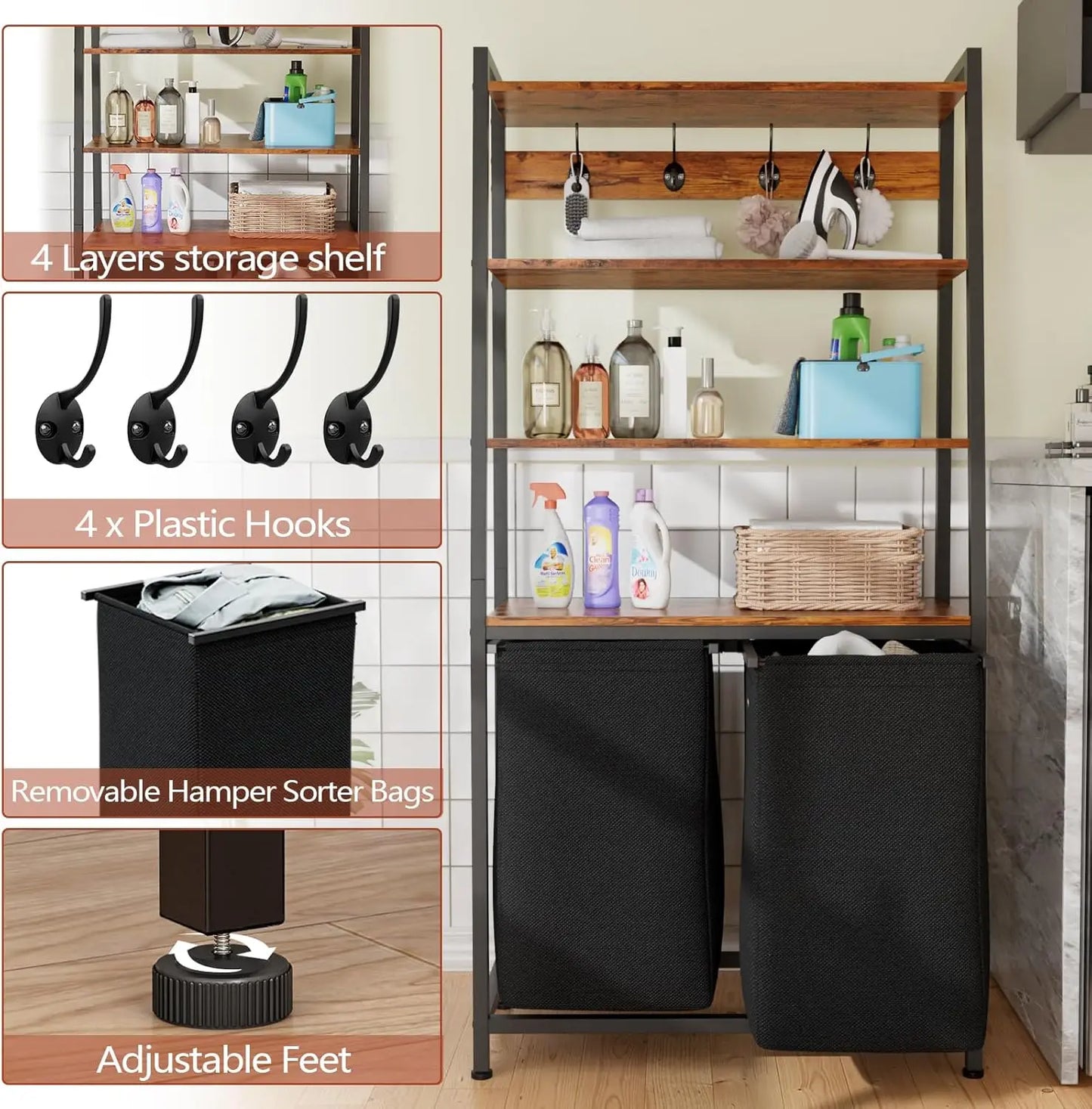 4-Tier Tall Laundry Hamper Sorter - 2 Removable Bags, Shelf & Hooks, Double Organizer for Bathroom & Bedroom