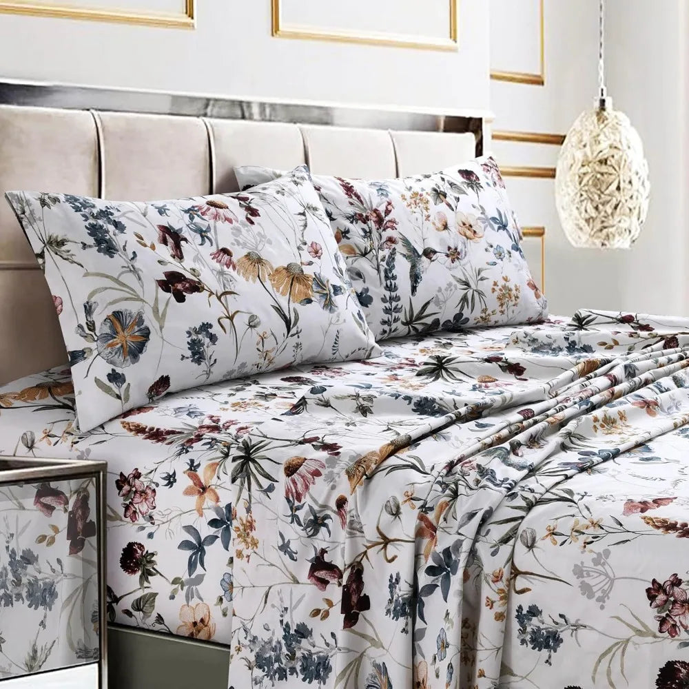 Tribeca Living Queen Bed Sheet Set, 300 Thread Count Soft Cotton Sateen, Floral Print with Extra Deep Pockets, 4-Piece Bedding S
