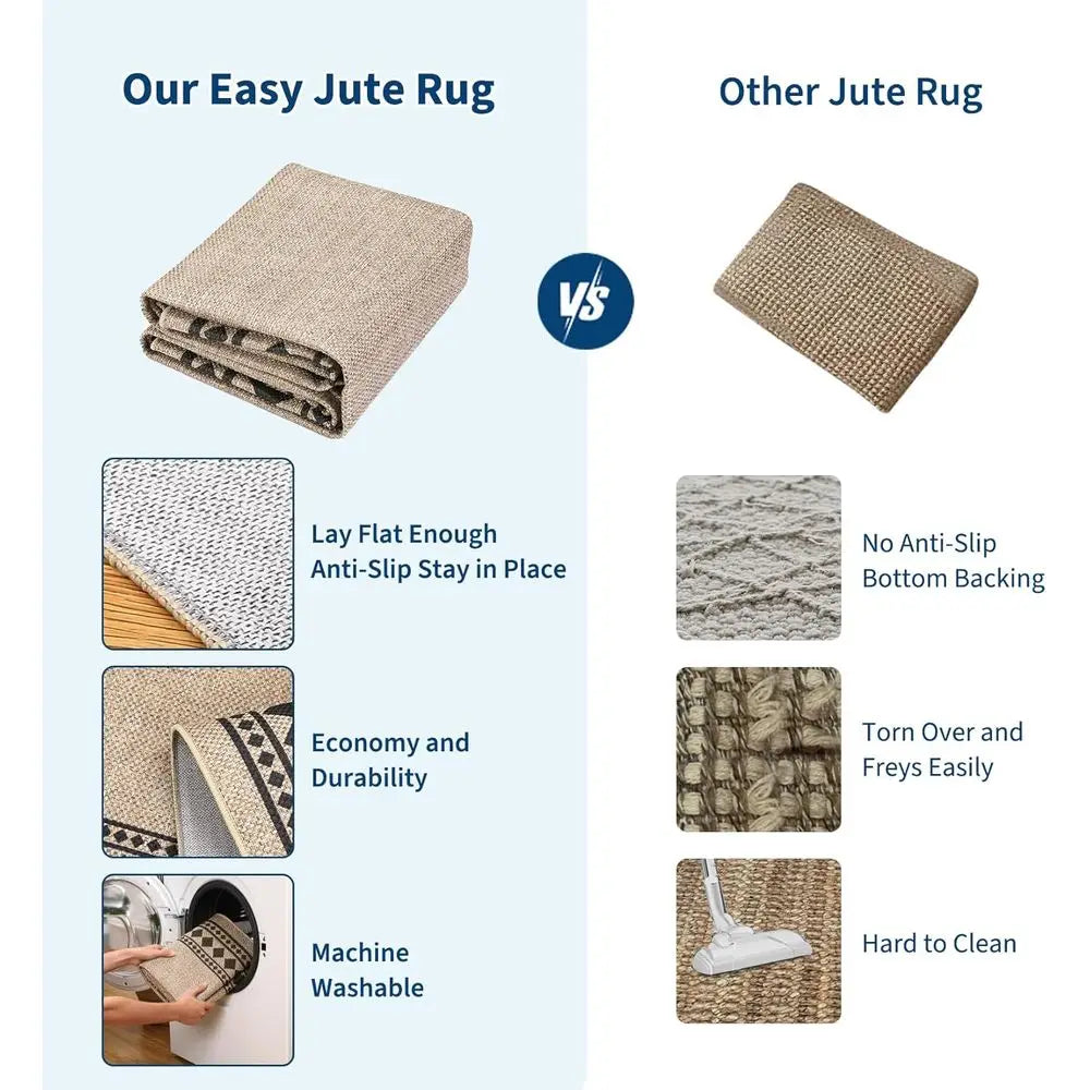 Natural 8x10 Jute Rug, Washable and Non-Slip for Indoor/Outdoor Use, Solid Farmhouse Style for Living Room and Patio