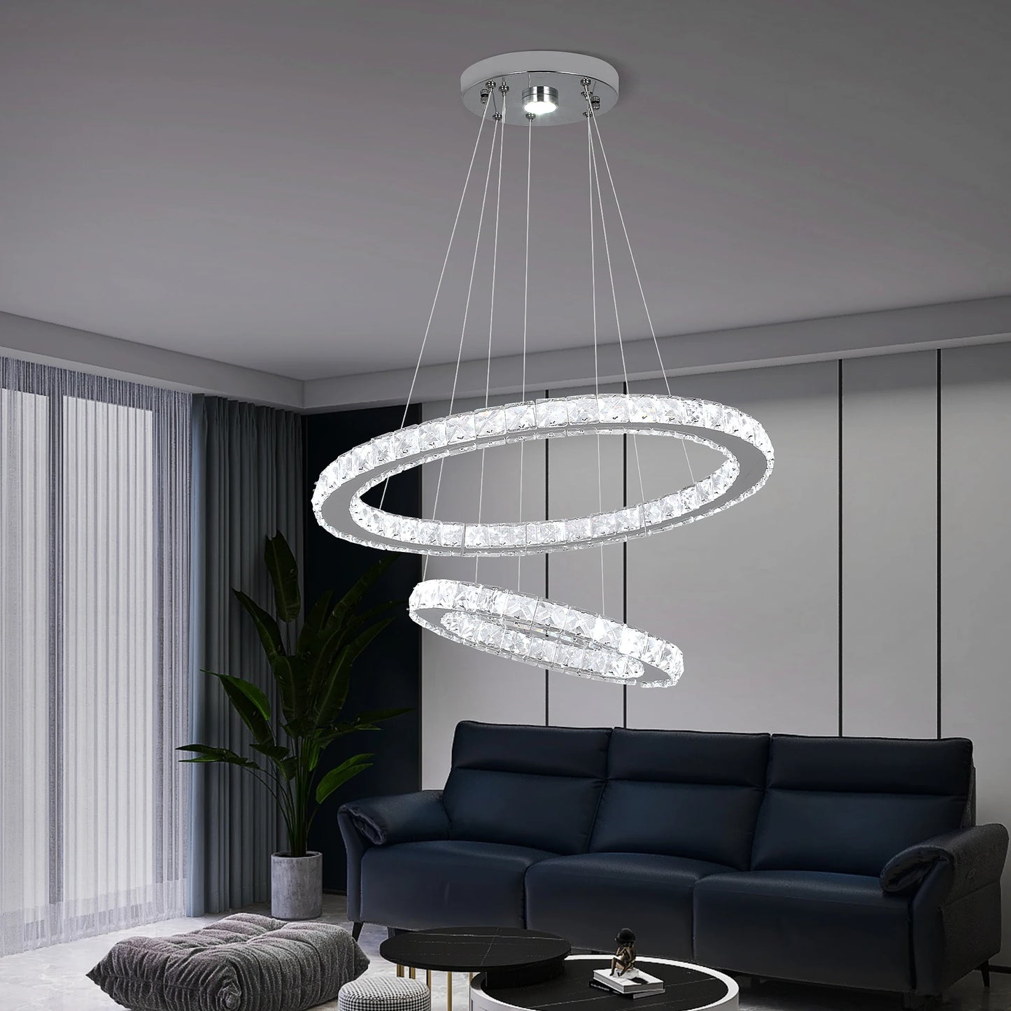 Modern Led  Pendant Light Luxury Crystal Rings Dimmable Chandelier Hanging Lustre Ceiling Lamp Living Dining Room Decor Fixture