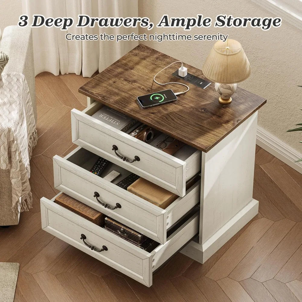 Nightstand With Charging Station 3 Drawer Set With Storage