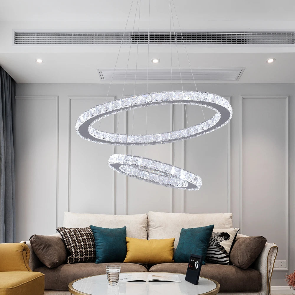 Modern Led  Pendant Light Luxury Crystal Rings Dimmable Chandelier Hanging Lustre Ceiling Lamp Living Dining Room Decor Fixture