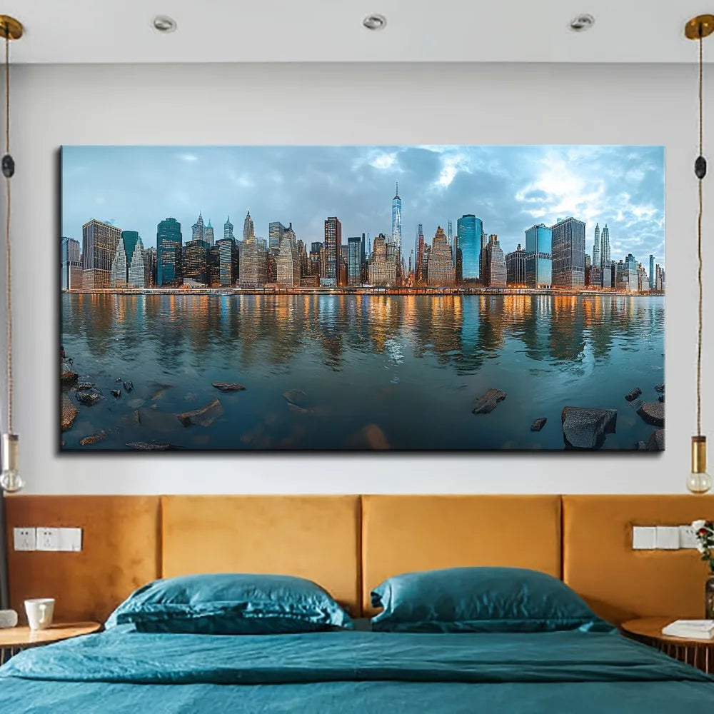 1.5 inch thick pine frame, city night view canvas poster, wall art decor, home and dormitory decor