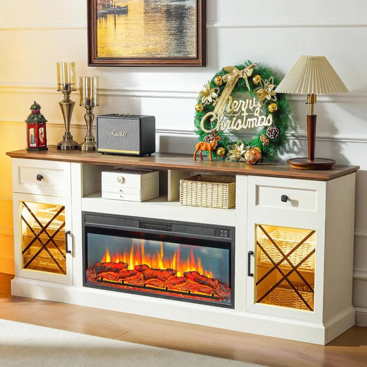 70" Fireplace TV Stand for TVs Up to 80" with 34" Electric Fireplace, Modern Entertainment Center with LED Lights and Glass Door