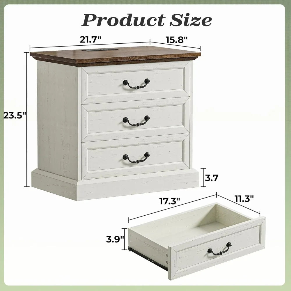 Nightstand With Charging Station 3 Drawer Set With Storage