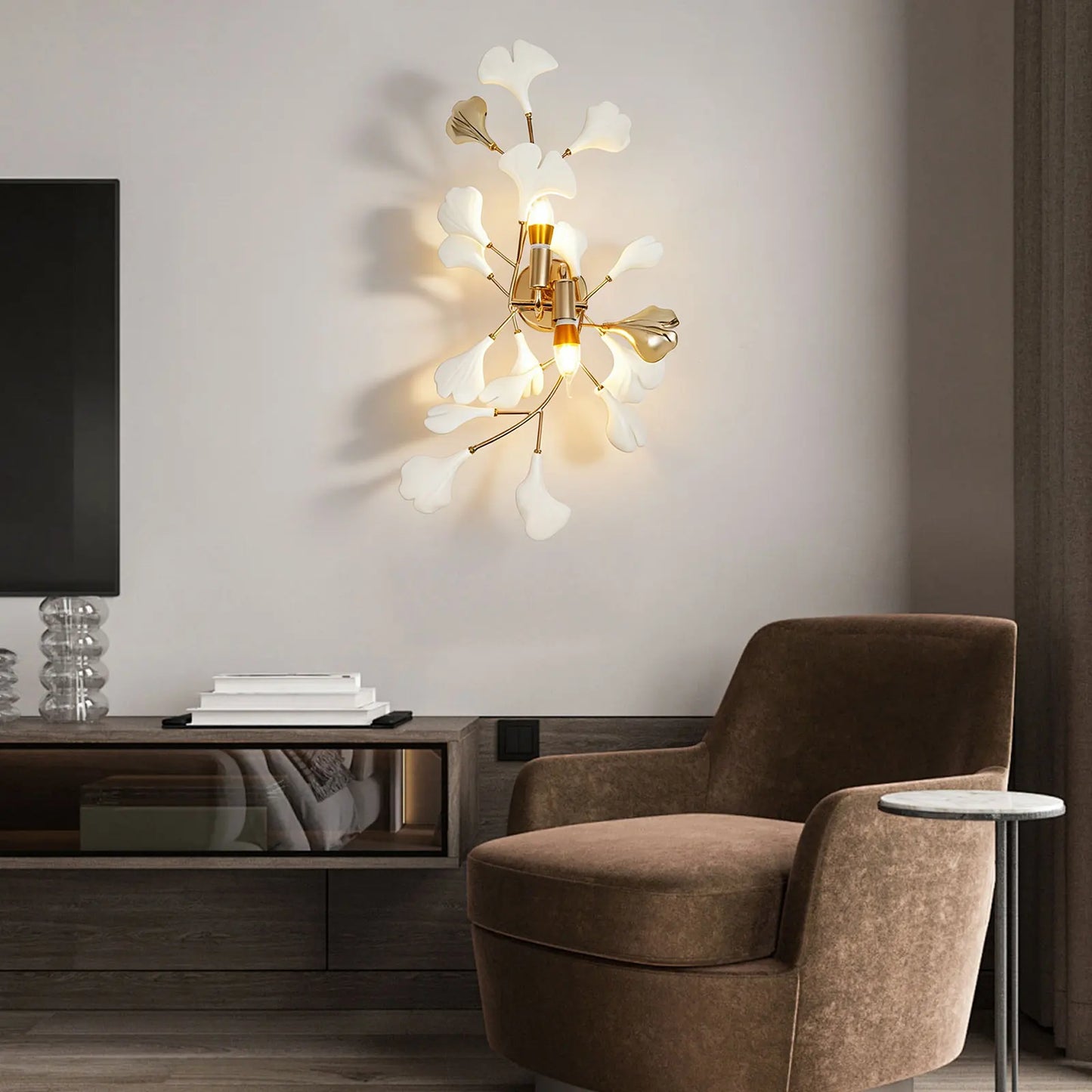 Ginkgo Leaf Wall Lamp 2-Light, Modern Gold Indoor Lighting Fixture E12 Base for Bedroom Living Room Hallway