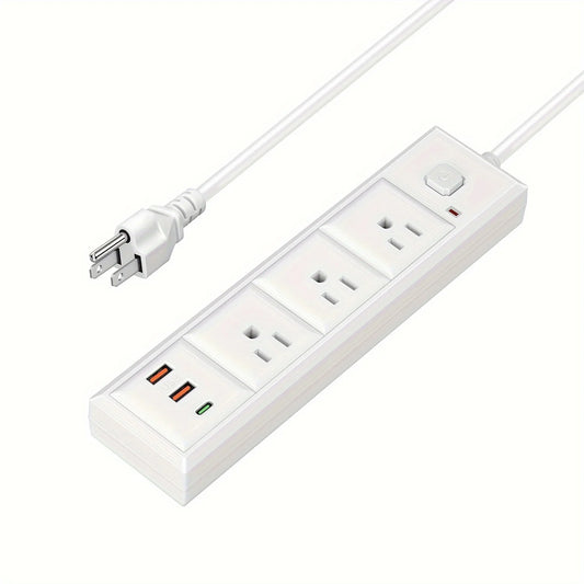 power socket with switch, 3 Outlets 2 USB 1 Type-C, Fast Charging,6.5-Foot Rugged Extension Cord for Home, Office，Travel, White