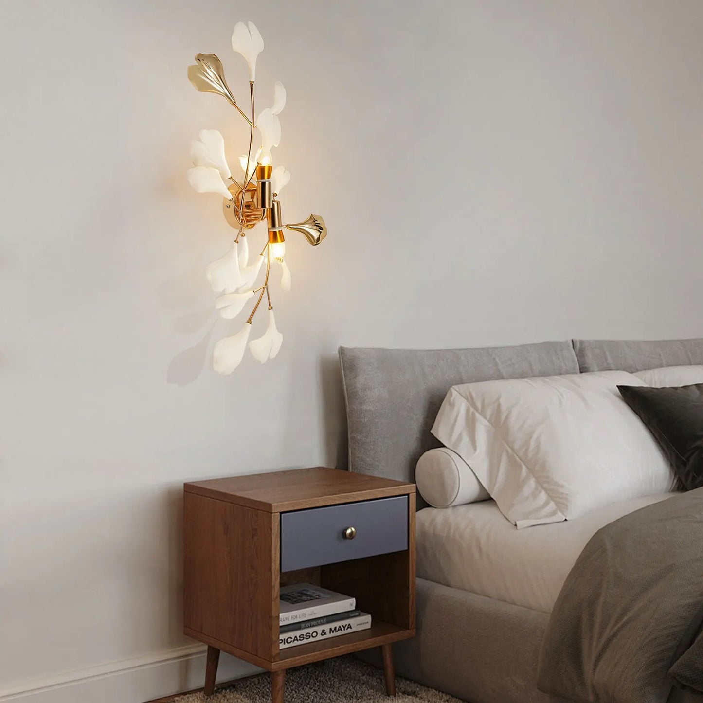 Ginkgo Leaf Wall Lamp 2-Light, Modern Gold Indoor Lighting Fixture E12 Base for Bedroom Living Room Hallway
