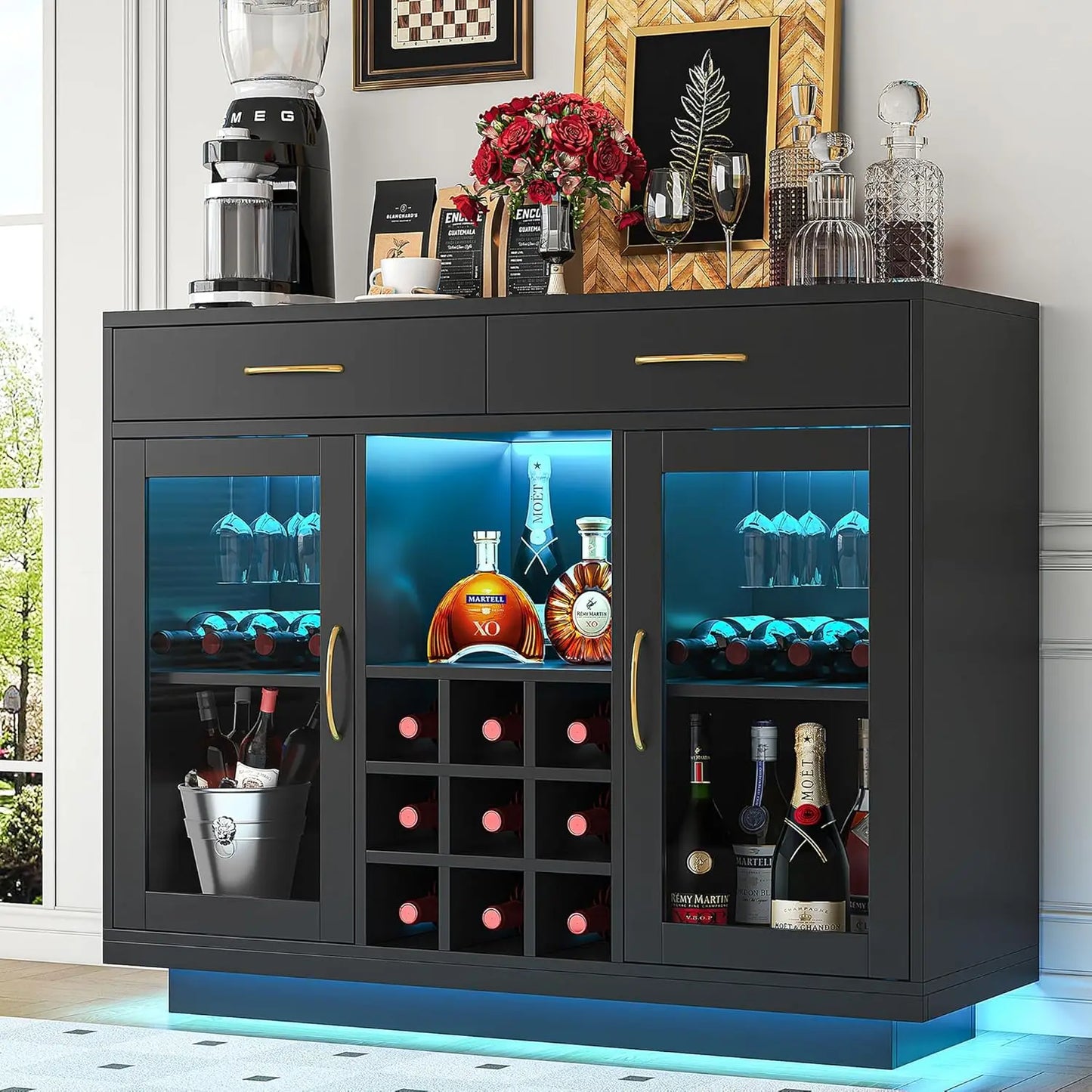 LED Wine Bar Cabinet with Glass Rack, Black Kitchen Buffet Sideboard for Living Room Storage