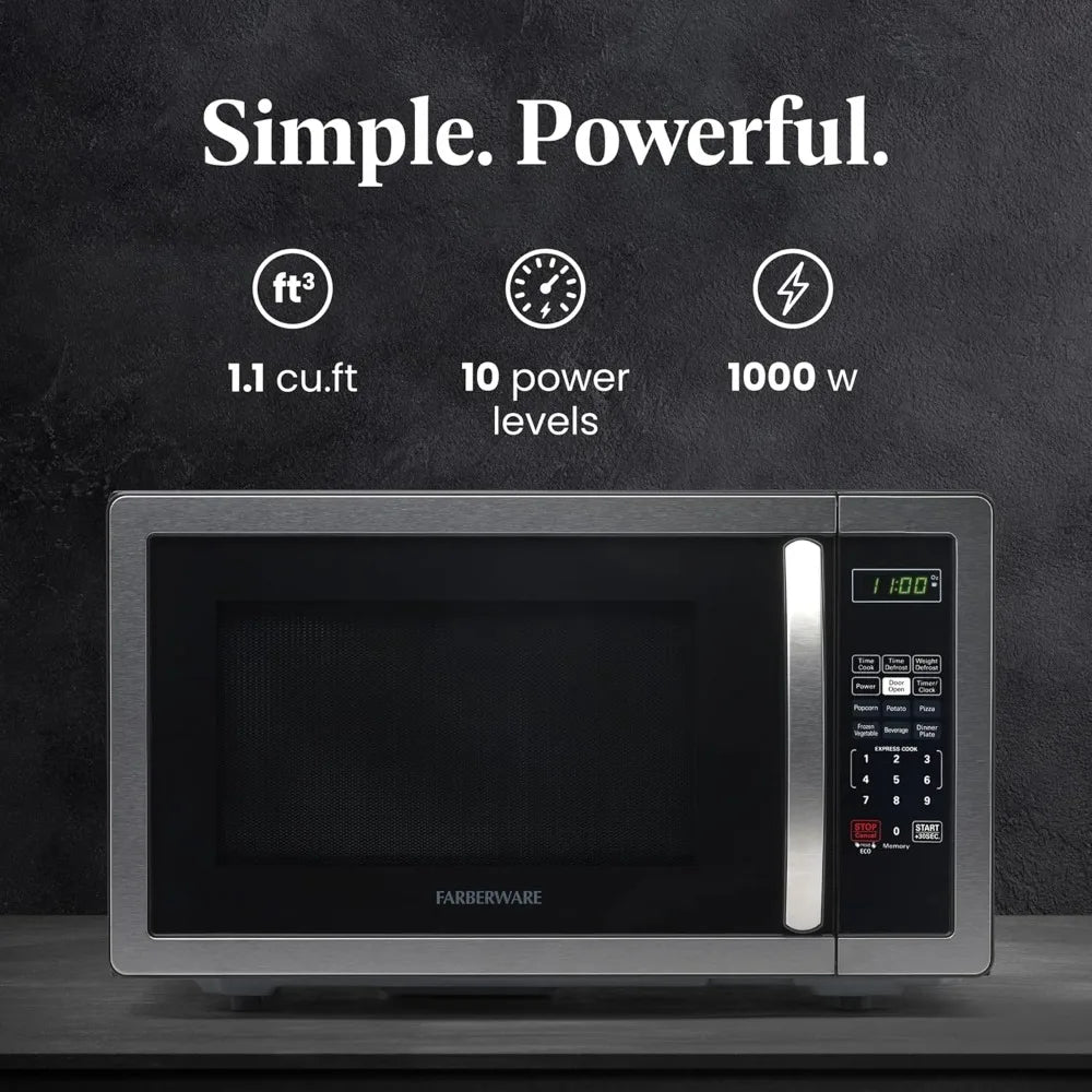Farberware 1.1 Cu. Ft. Countertop Microwave Oven 1000 Watts Power, Auto Cook Settings Defrost Easy Clean and Child Safety Lock