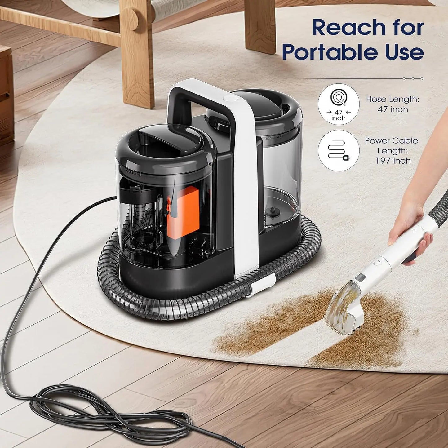 Saerke W07 Dual Tank Portable Carpet & Upholstery Cleaner Machine for Pets, Stairs, Couch Area Rugs, Upholstery, Car Seat