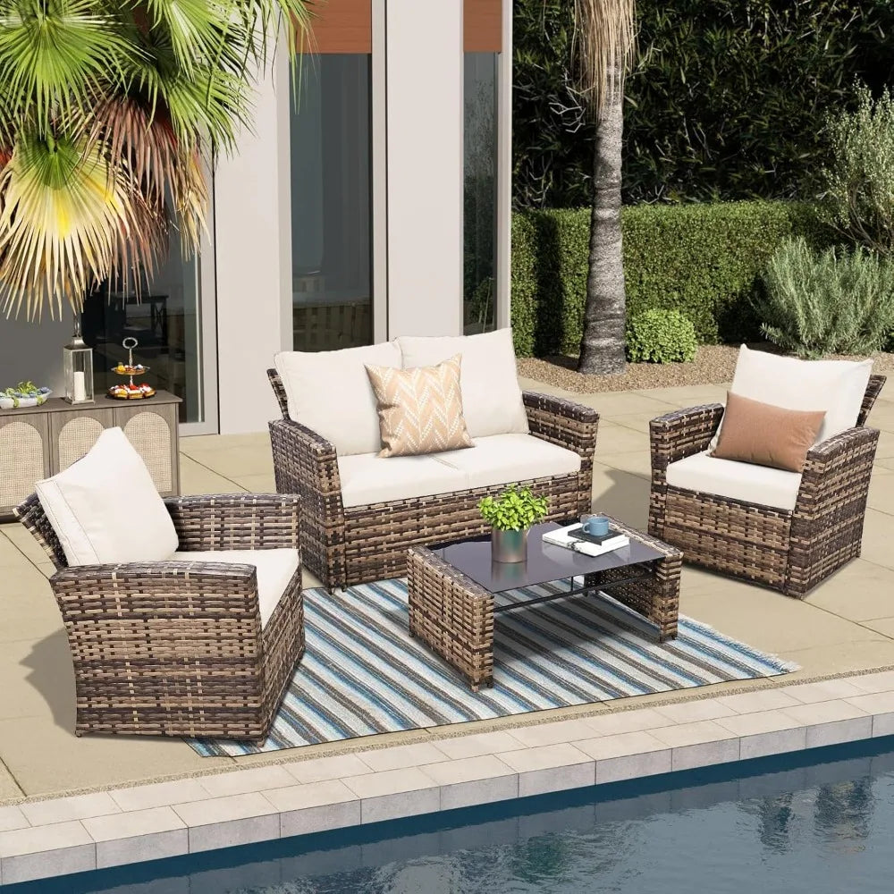 Outdoor Patio Wicker Furniture Set With Cushions And Table