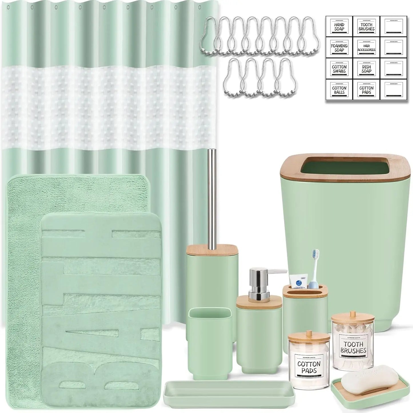 24-Piece Green Bathroom Set with Shower Curtain & Trash Can, Space-Saving Décor for Home, Dorm, Hotel