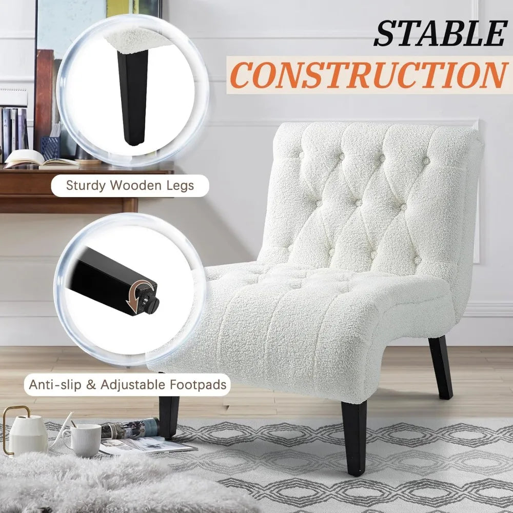 Armless Teddy Accent Chair Set of 2, Upholstered Lounge Chair with Wood Legs, Comfy Reading Chairs for Living Room & Bedroom