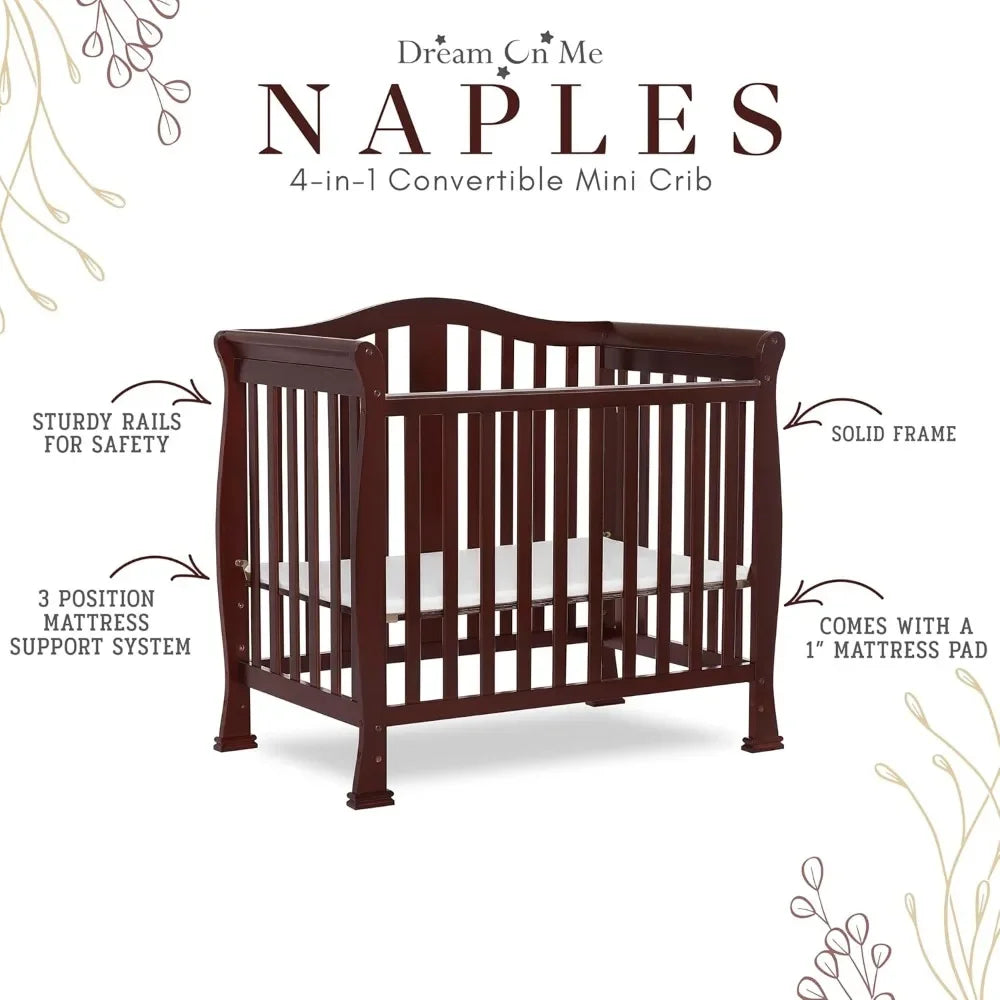4-in-1 Convertible Mini Crib with Mattress Pad, Pinewood Baby Bed, Non-Toxic Finish, Espresso