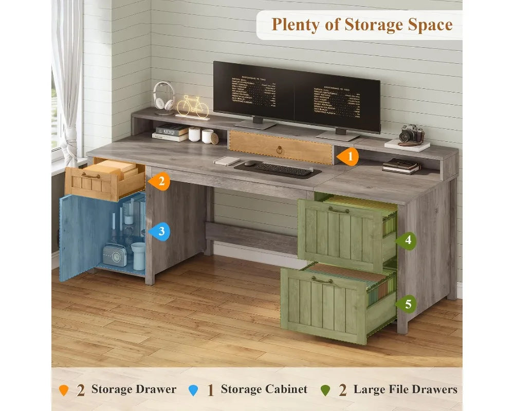 Grey 63" Farmhouse Wood Desk with Drawers, Storage Cabinet & Monitor Stand