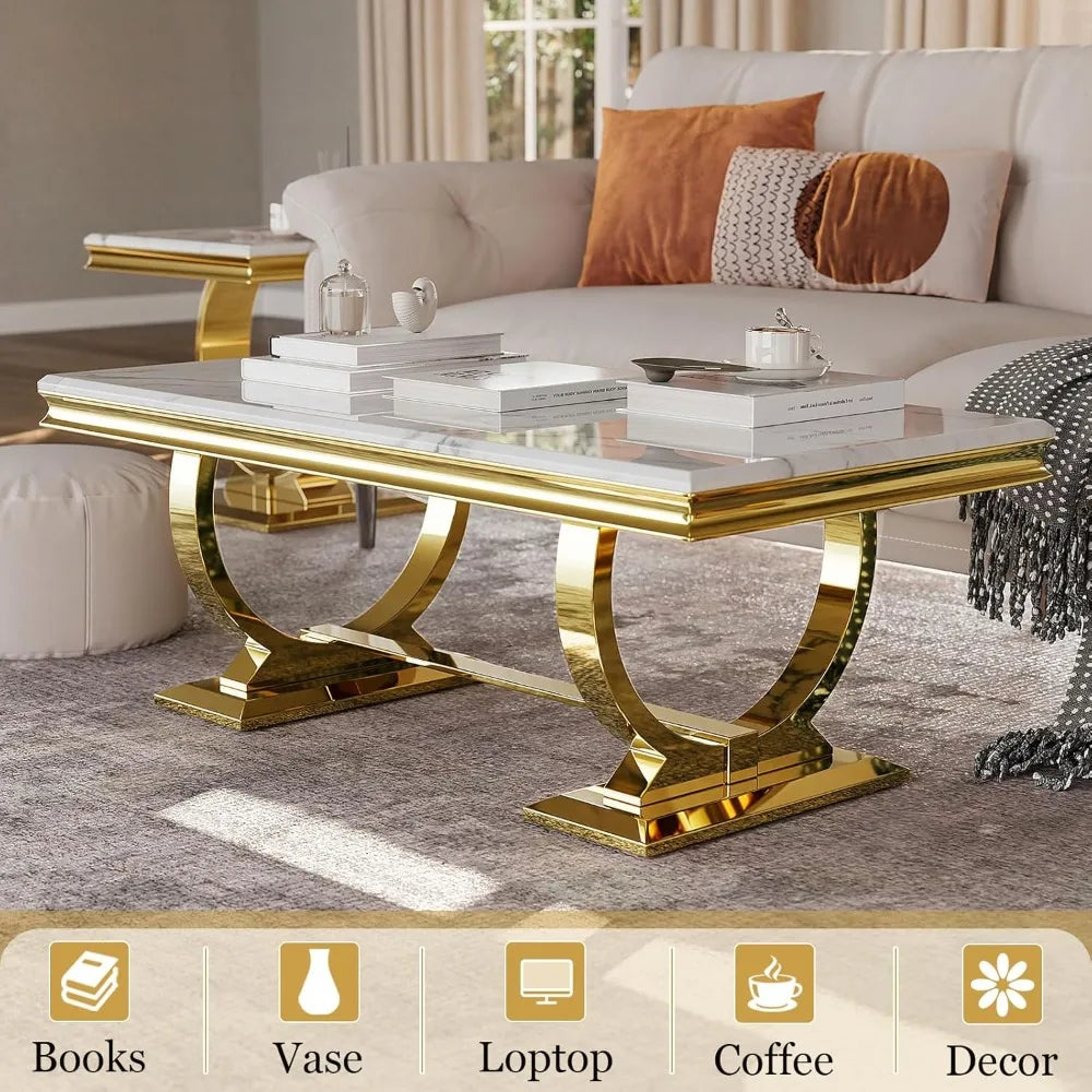 Gold Coffee Table, White and Gold Rectangle Living Room Tea Table, for Living Room, Elegant Coffee Table